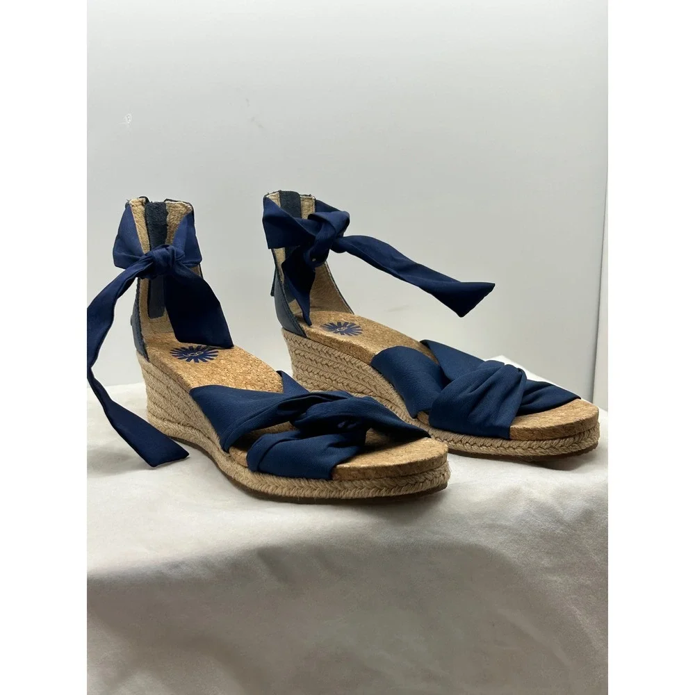 UGG Navy Blue Espadrille Wedge Sandals Ankle Tie Zipper 1011181 Womens 7.5 - Picture 10 of 11